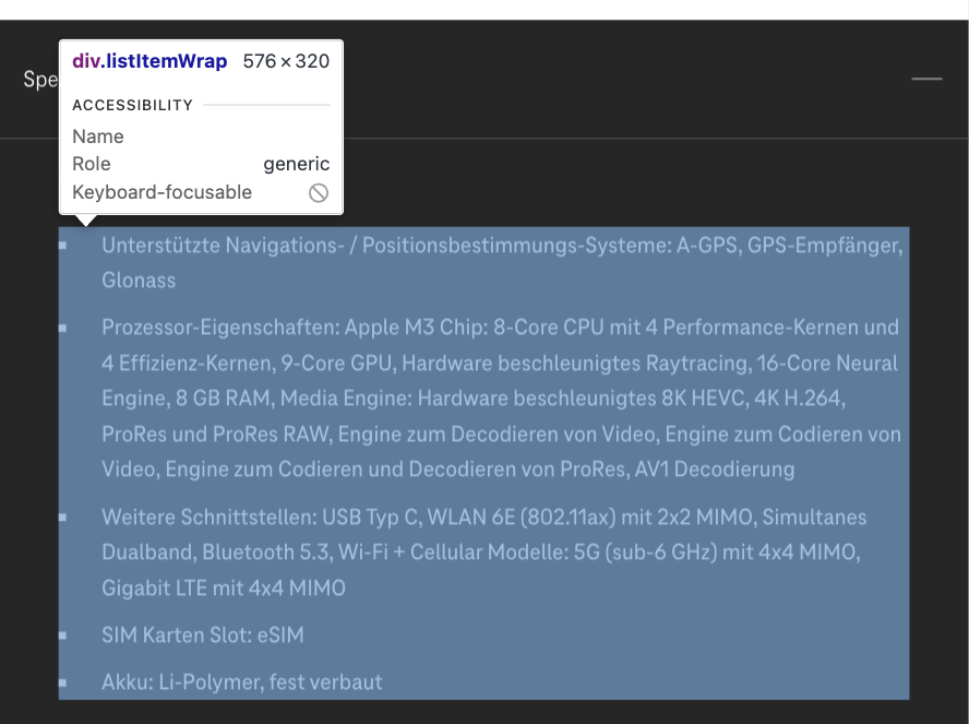 Screenshot for issue: Improper use of semantic HTML list elements
