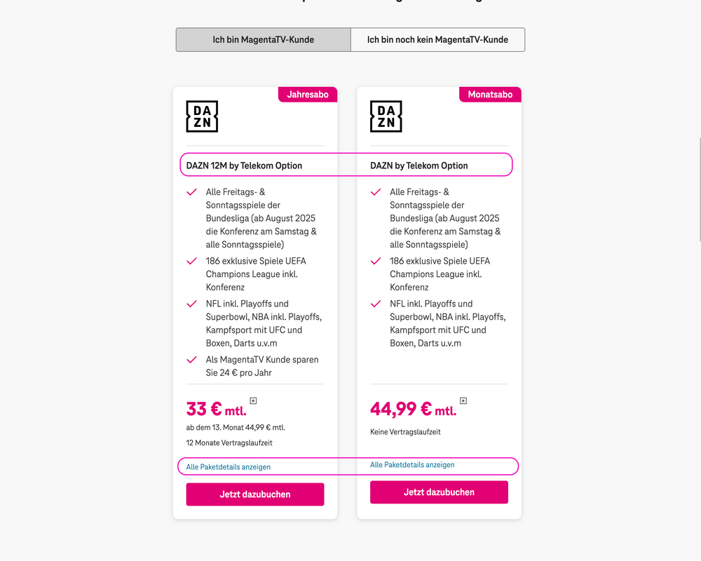 Screenshot for issue: &quot;Alle Paketdetails anzeigen&quot; &amp; &quot;Jetzt dazubuchen&quot; purpose ambiguous