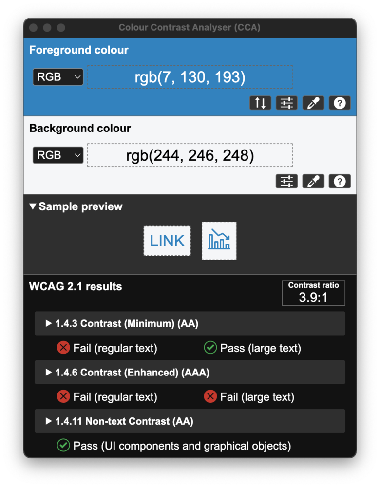 Screenshot for issue: Link text (blue) on grey background does not meet minimum contrast