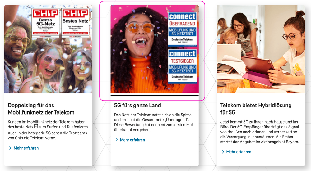 Screenshot for issue: Image links in news tiles (Neue Ideen für eine neue Welt) have partially obscured focus outline