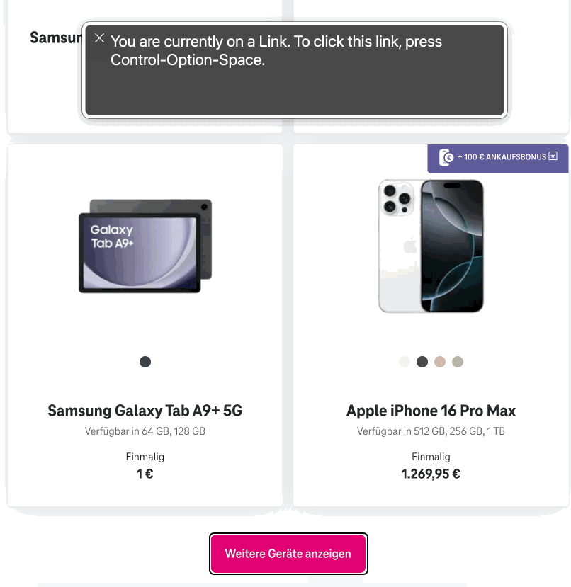 Screenshot for issue: Clicking button &quot;Weitere Geräte anzeigen&quot; is not setting the right focus