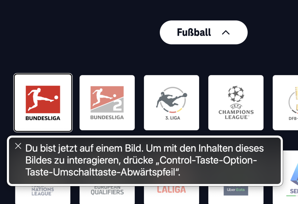 Screenshot for issue: Sports channel images used as buttons, announced as images