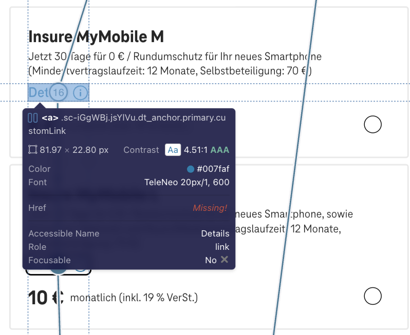 Screenshot for issue: Interactive element, operable by mouse, not accessible by assistive technology