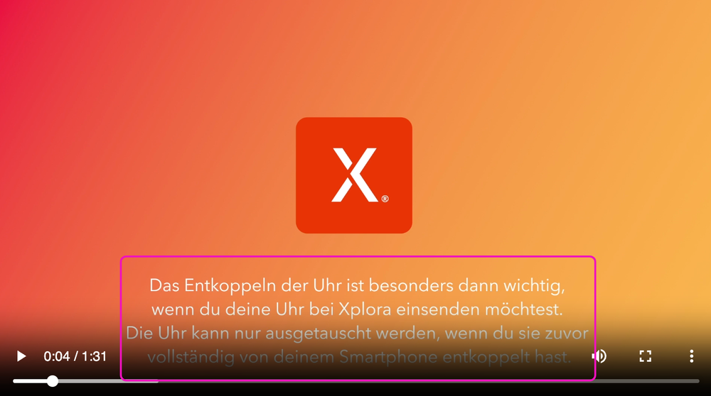Screenshot for issue: Video &quot;Erklärvideo zum Entkoppeln der Uhr&quot; has no complete media alternative
