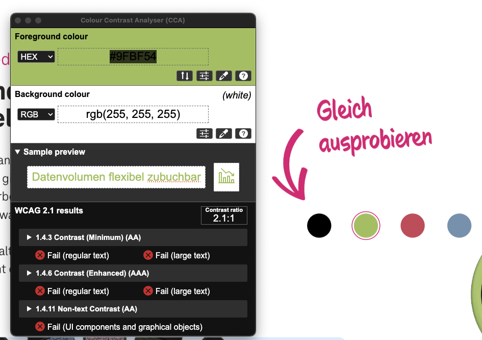 Screenshot for issue: Watch band color button &quot;Gleich ausprobieren&quot; does not have strong enough color contrast