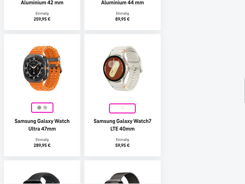 Screenshot for issue: Product color options do not always have enough contrast