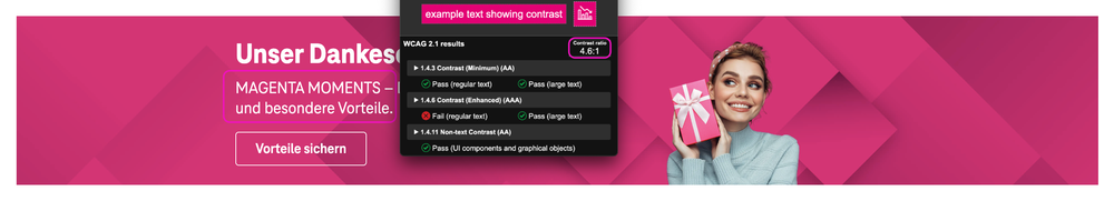 Screenshot for issue: White text on (light) Magenta background barely reaches contrast minimum