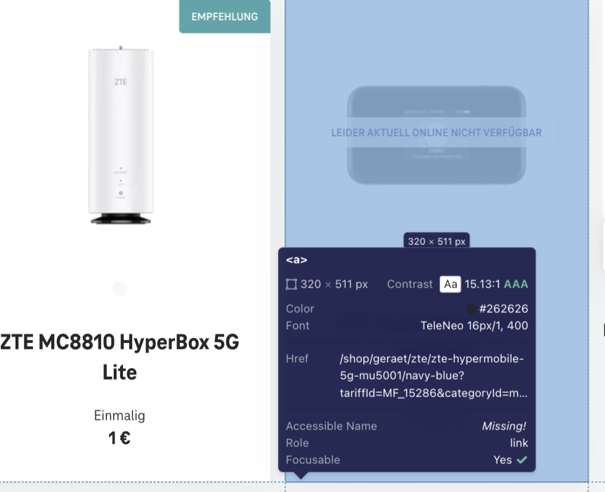 Screenshot for issue: Product card link purpose not determinable