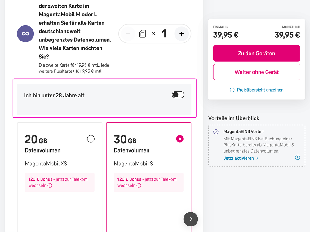 Screenshot for issue: &quot;Ich bin unter 28 Jahre alt&quot; toggle switch &#x2F; link