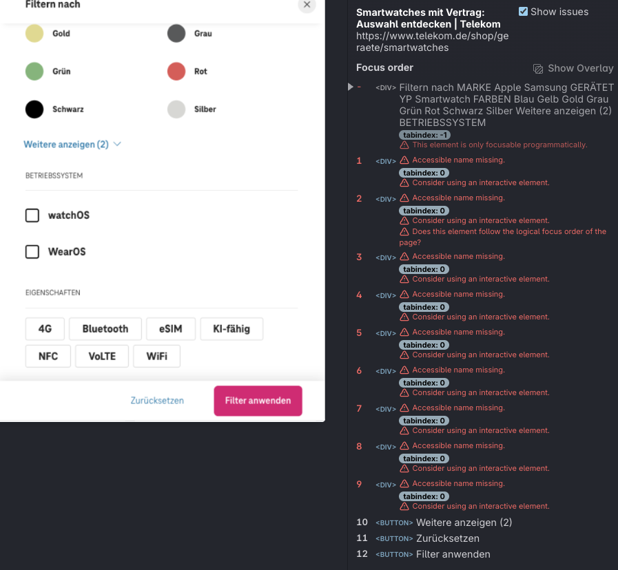 Screenshot for issue: Elements in filter dialog focusable, but focus is not visible