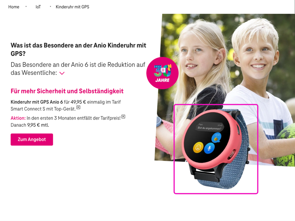 Screenshot for issue: Image &quot;Was ist das Besondere an der Anio Kinderuhr mit GPS?&quot; does not have purpose equivalent text alternative