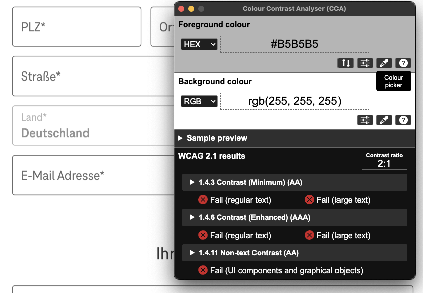 Screenshot for issue: Disabled form field does not have enough color contrast