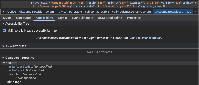 Screenshot for issue: Informative images (checkmark &#x2F; cross) in table do not have purpose equivalent text alternative