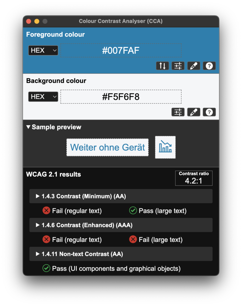 Screenshot for issue: Link text (blue) on grey background does not meet minimum contrast