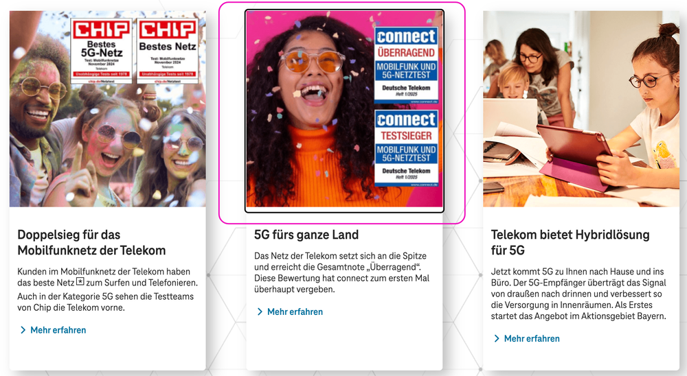 Screenshot for issue: Image links in news tiles (Neue Ideen für eine neue Welt) have partially obscured focus outline