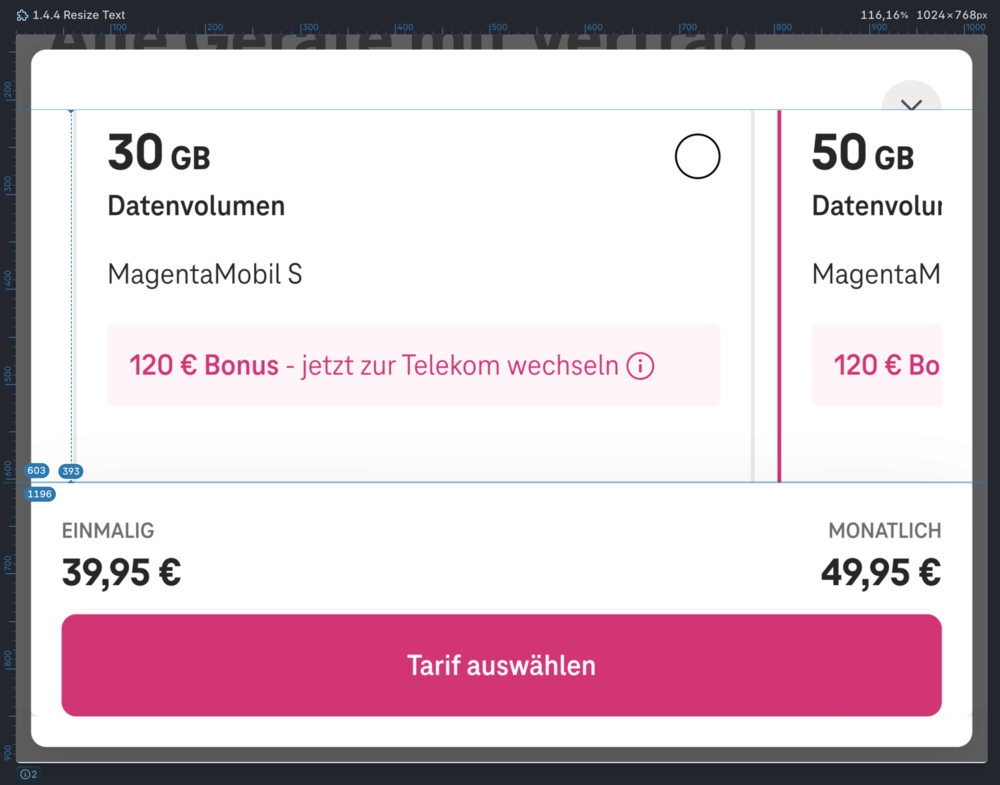 Screenshot for issue: Resizing text leaves very limited space in &quot;Tarif ändern&quot; dialog window