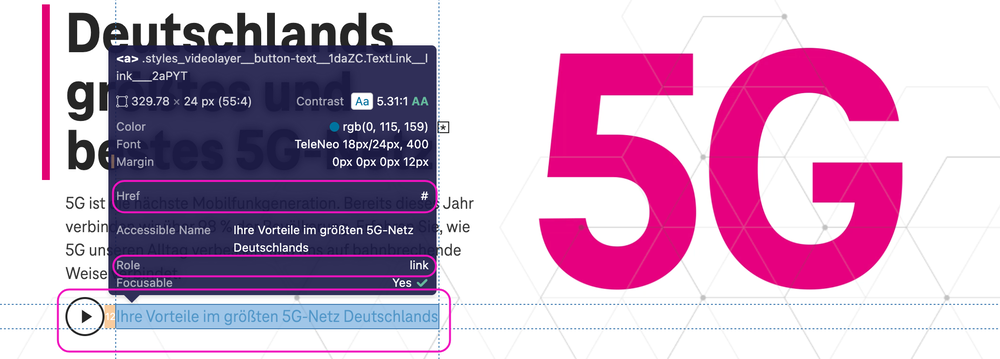 Screenshot for issue: Link &quot;Ihre Vorteile im größten 5G-Netz Deutschlands&quot; has href=&quot;#&quot; and is used as button