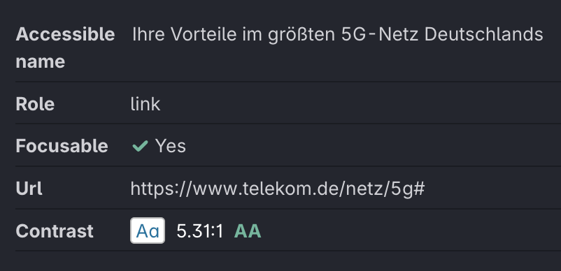 Screenshot for issue: Link &quot;Ihre Vorteile im größten 5G-Netz Deutschlands&quot; has href=&quot;#&quot; and is used as button